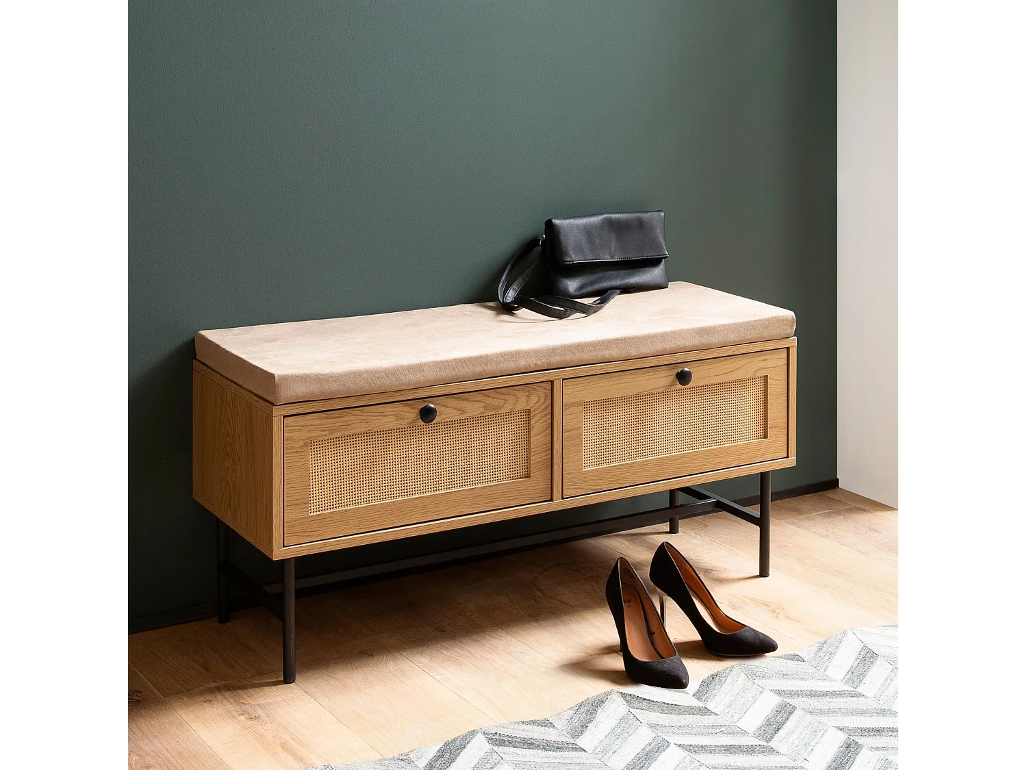 Banc à Chaussures 100 cm Rembourré Décor Chêne Tiroirs Rotin Moderne