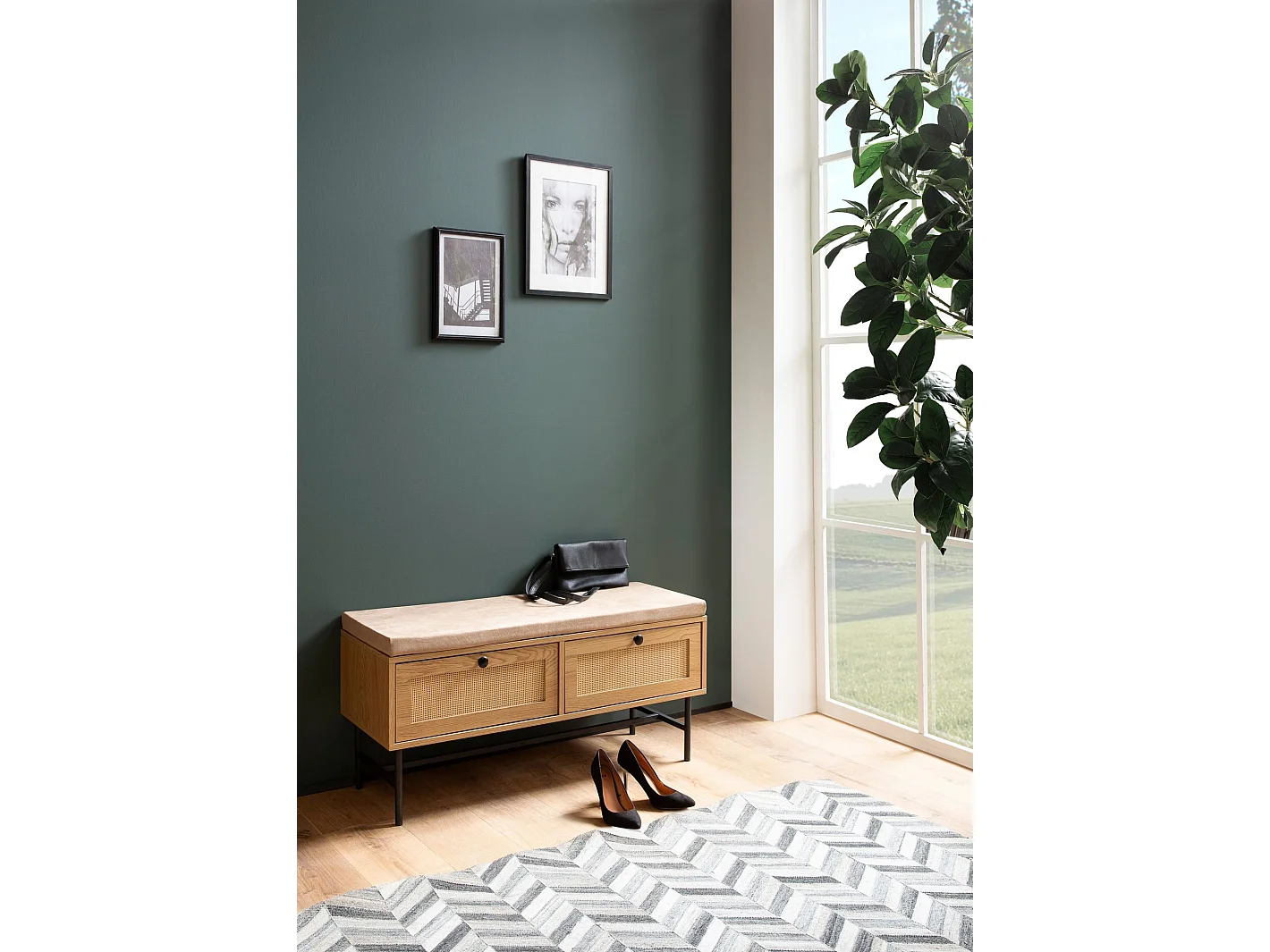 Banc à Chaussures 100 cm Rembourré Décor Chêne Tiroirs Rotin Moderne