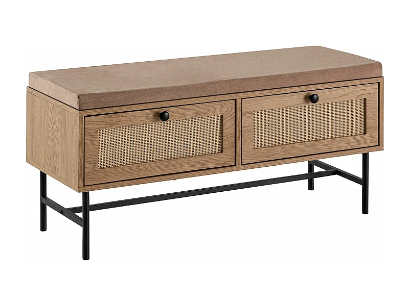 Banc à Chaussures 100 cm Rembourré Décor Chêne Tiroirs Rotin Moderne