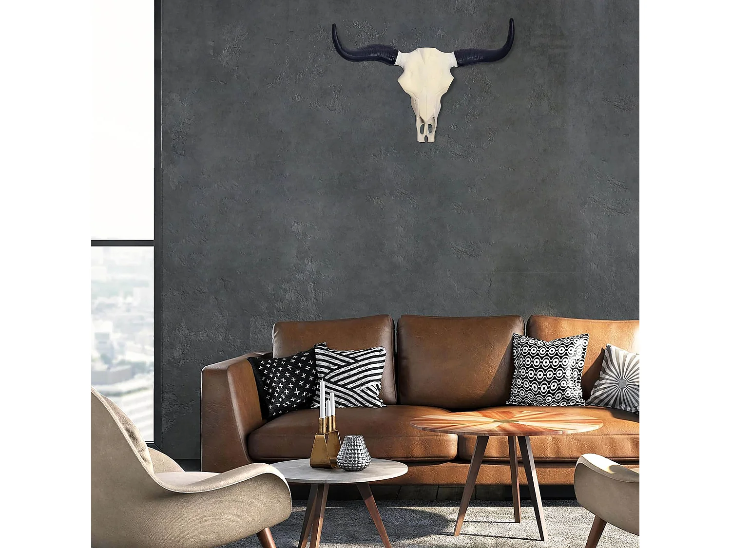 Crâne Décoratif de Buffle Blanc 55,5 cm Aluminium Tête de Taureau