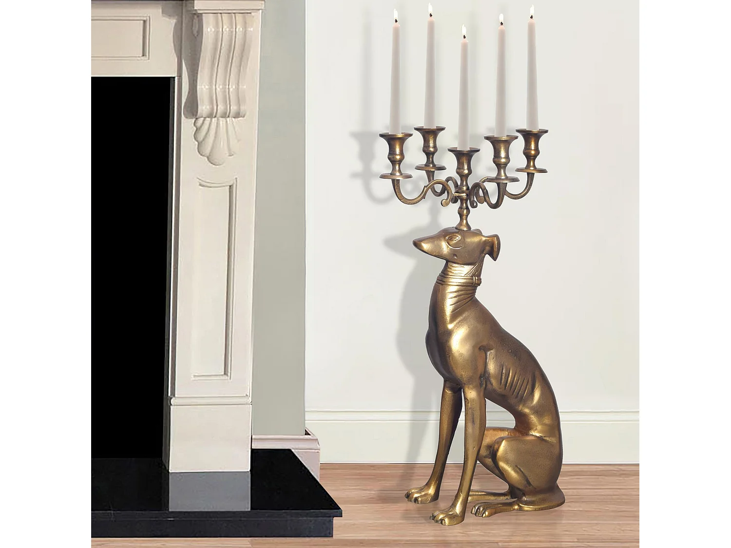 Chandelier Lévrier Aluminium 69 cm Doré Bougeoir Porte-Bougie Moderne