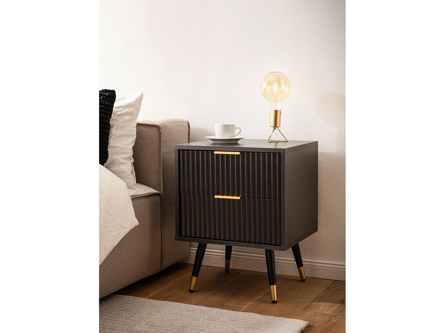 Table de Nuit Décor Chêne 56 cm Chevet Tiroirs Noir Lit Boxspring