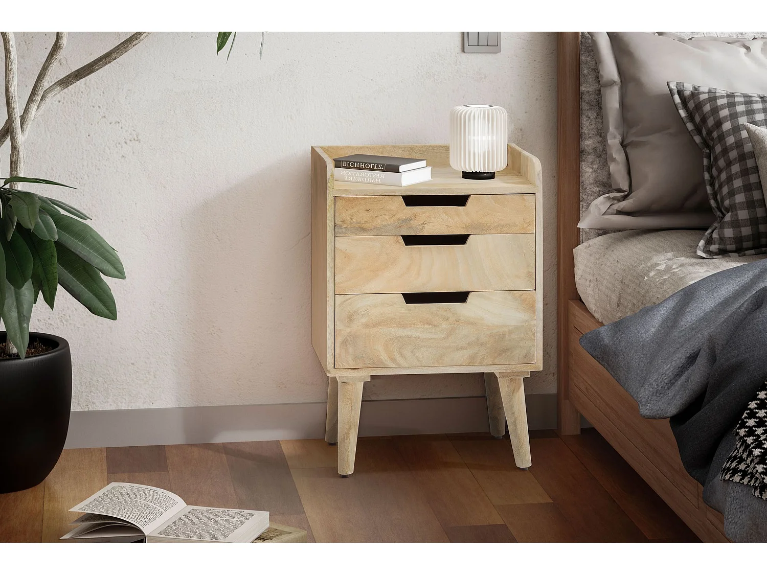 Table de Nuit Bois Massif 63 cm Chevet Tiroirs Lit Boxspring Moderne