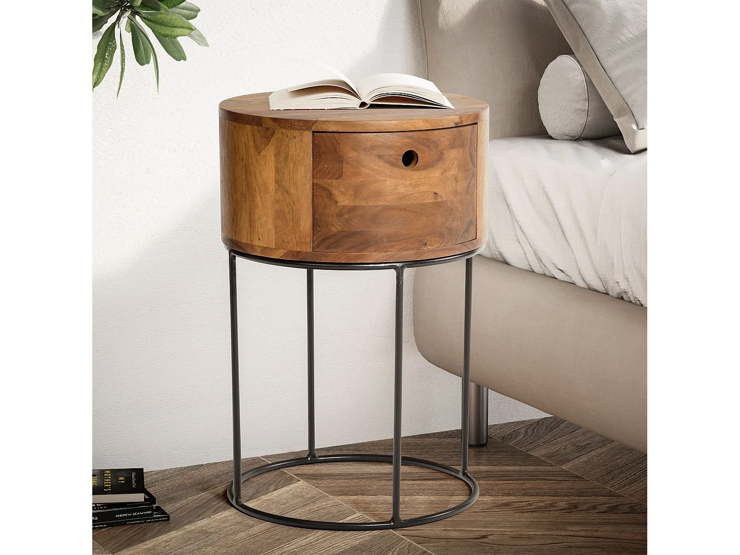 Table de Nuit Bois Massif 60 cm Chevet Rond Tiroir pour Lit Boxspring