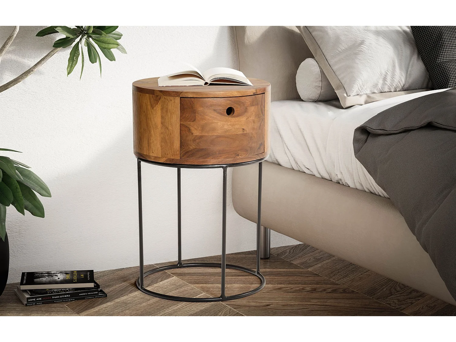 Table de Nuit Bois Massif 60 cm Chevet Rond Tiroir pour Lit Boxspring