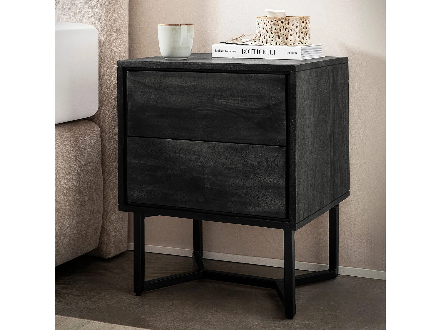 Table de Nuit Bois Massif 57 cm Chevet Tiroirs Lit Boxspring Industriel