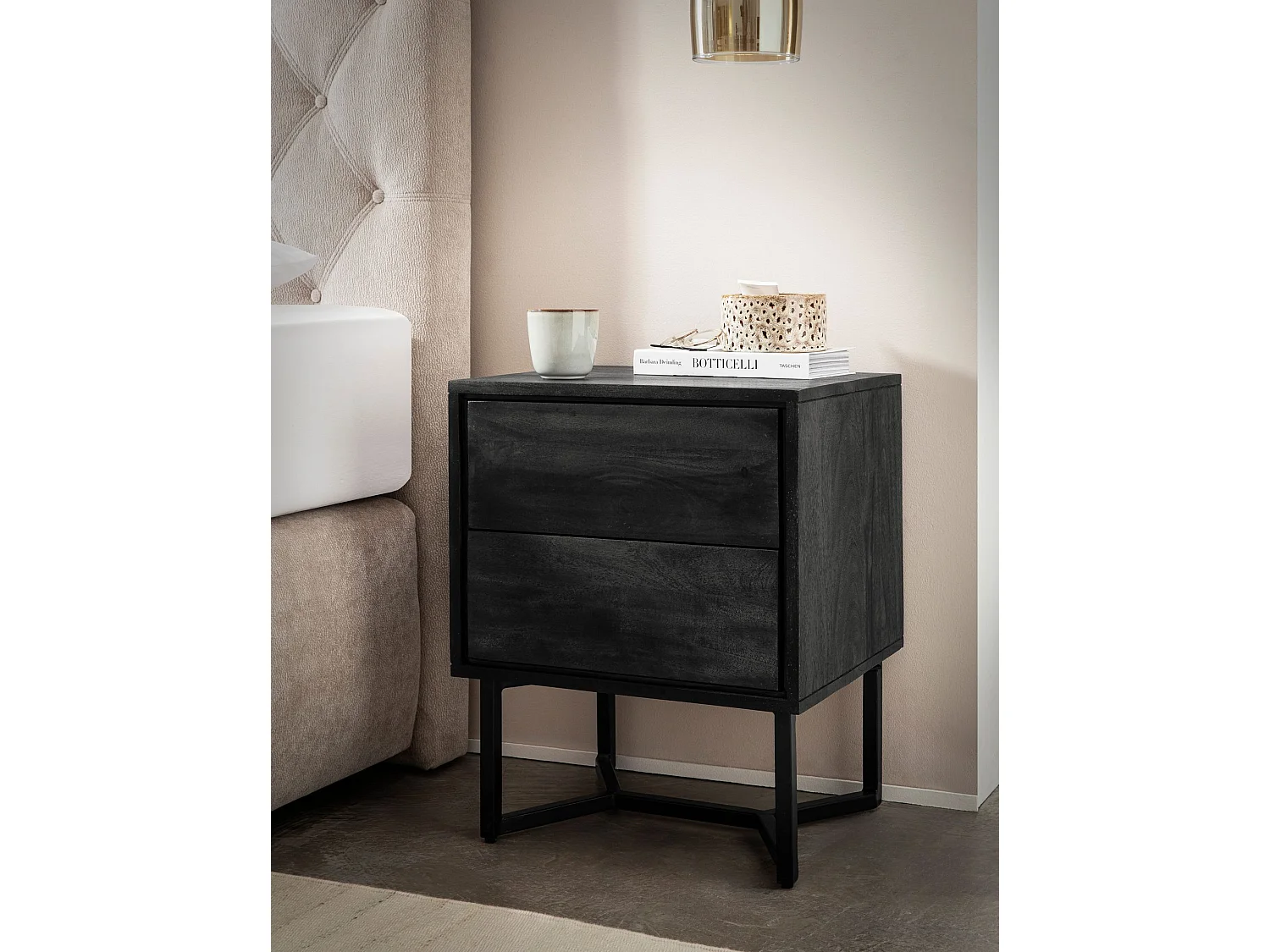 Table de Nuit Bois Massif 57 cm Chevet Tiroirs Lit Boxspring Industriel