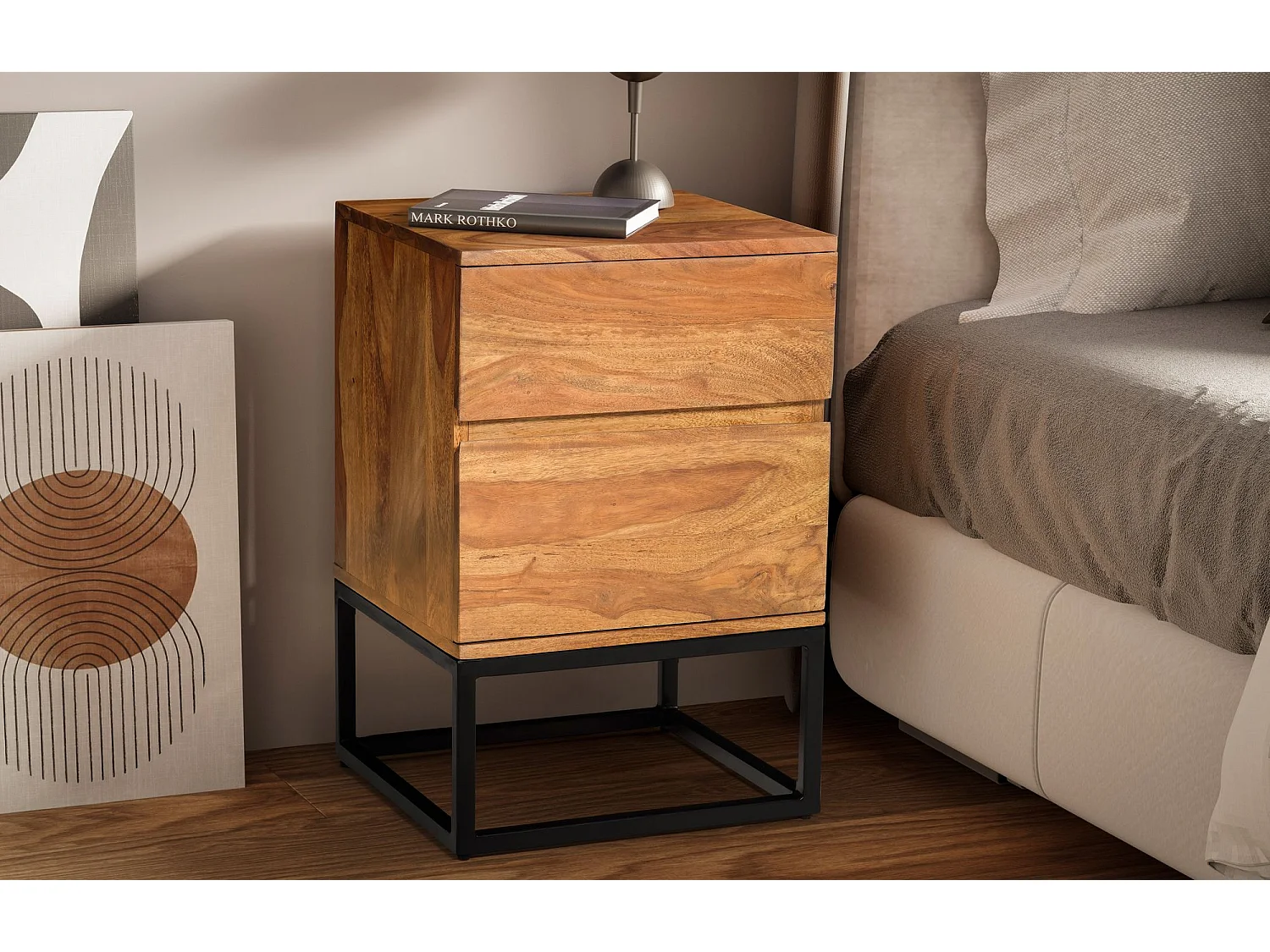 Table de Nuit Bois Massif 60 cm Chevet Tiroirs Marron Lit Boxspring