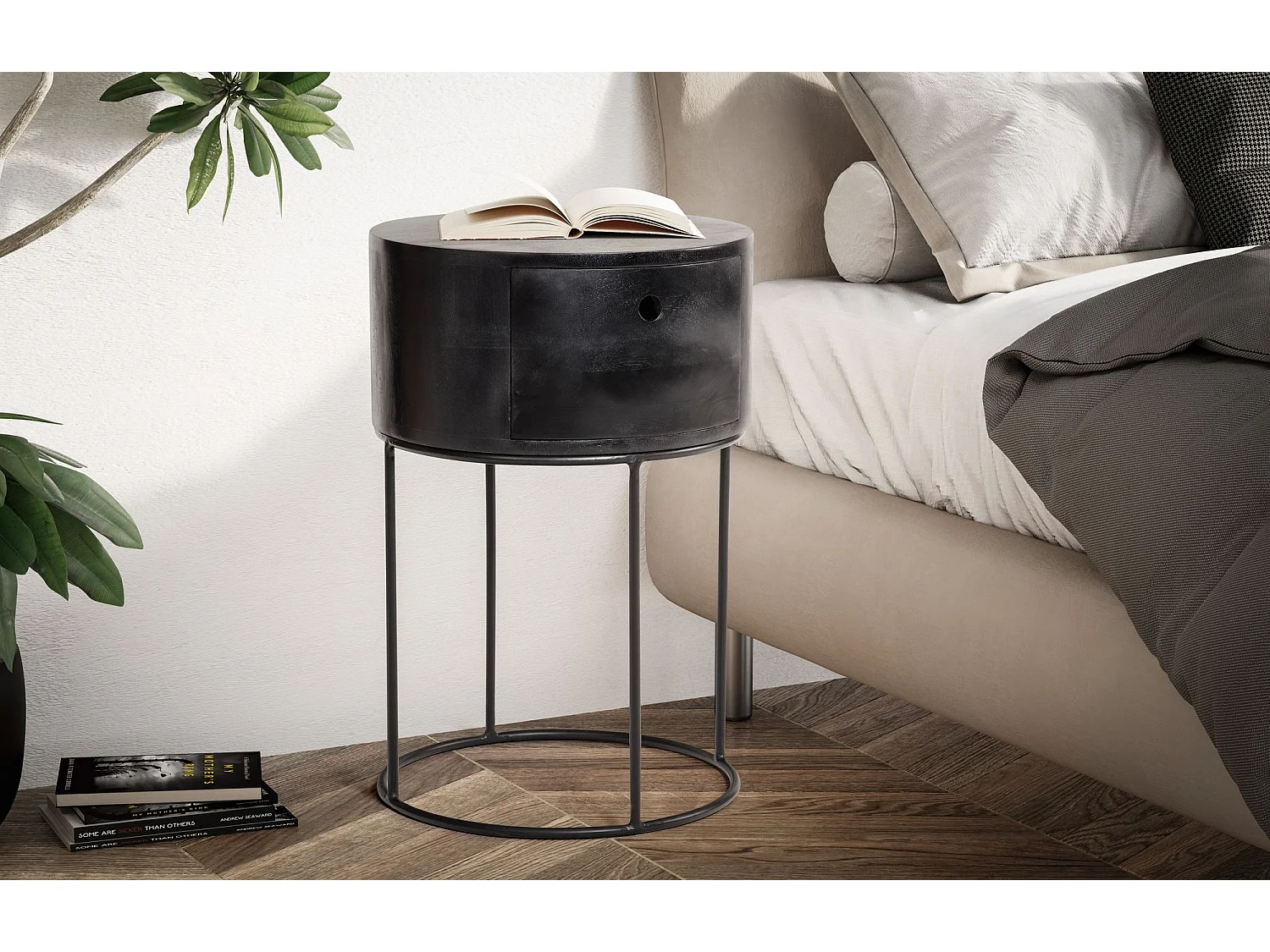 Table de Nuit Bois Massif 60 cm Chevet Rond Tiroir pour Lit Boxspring