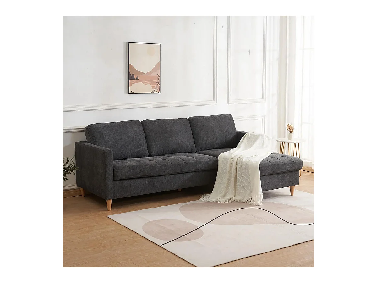 JAKSON - Canapé Méridienne Reversible en Tissu Gris Anthracite Chiné