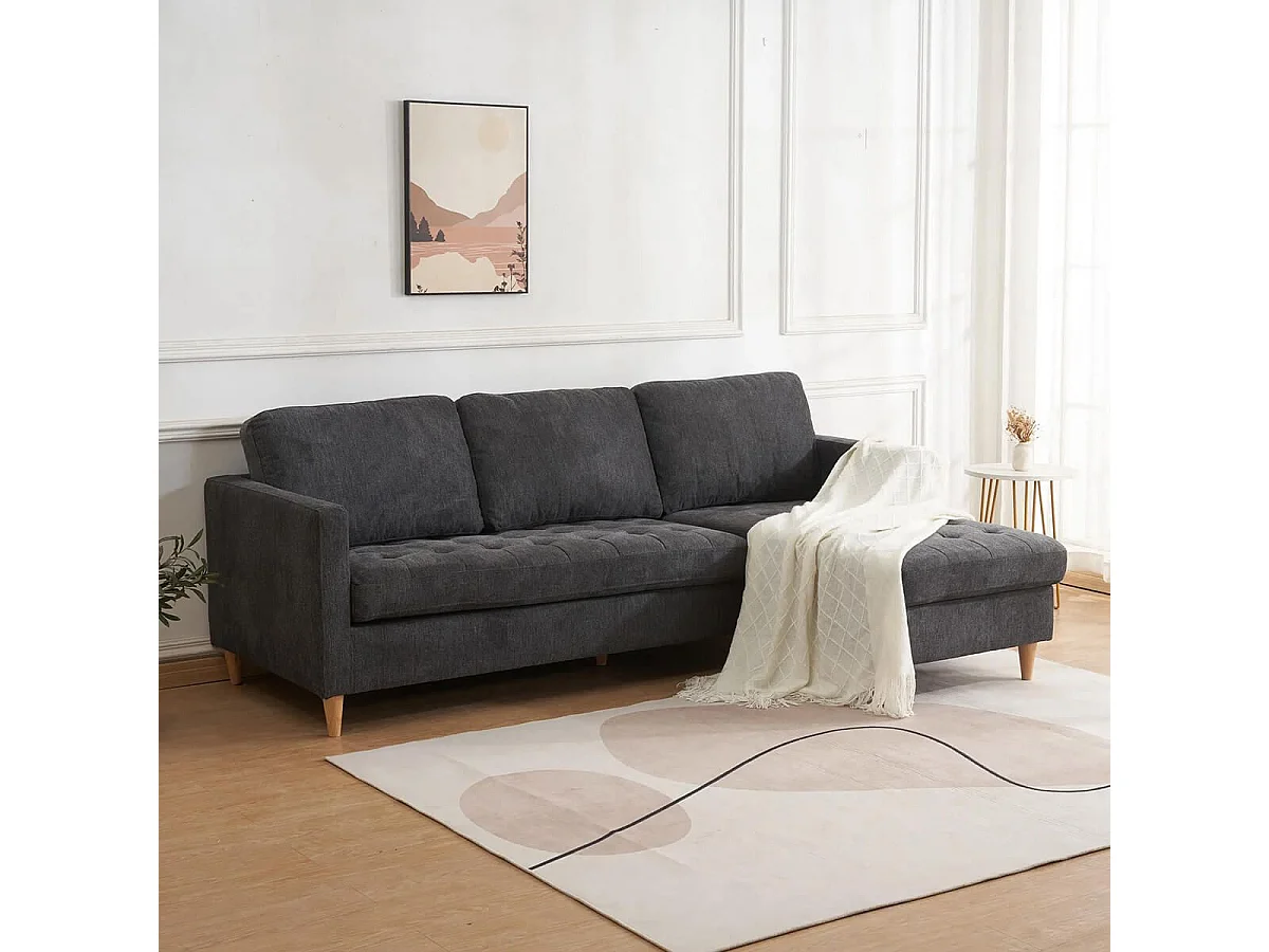 JAKSON - Canapé Méridienne Reversible en Tissu Gris Anthracite Chiné