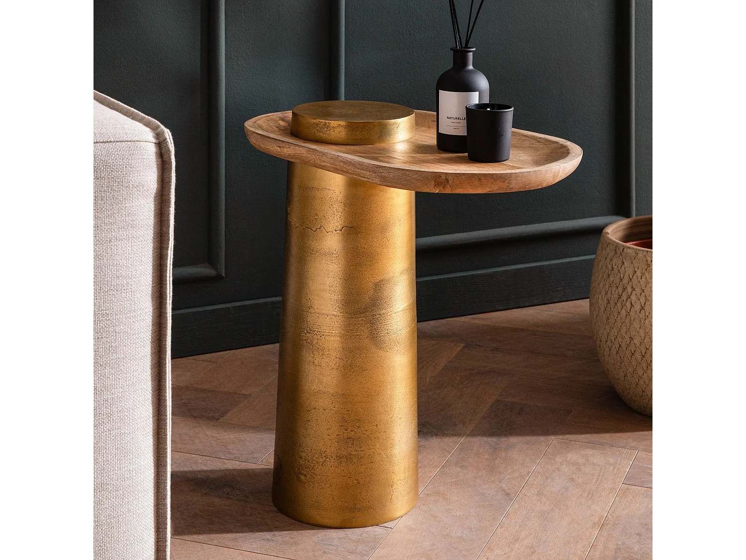Table d’appoint Haute de Salon Bois Massif Métal 50 cm Ovale Moderne