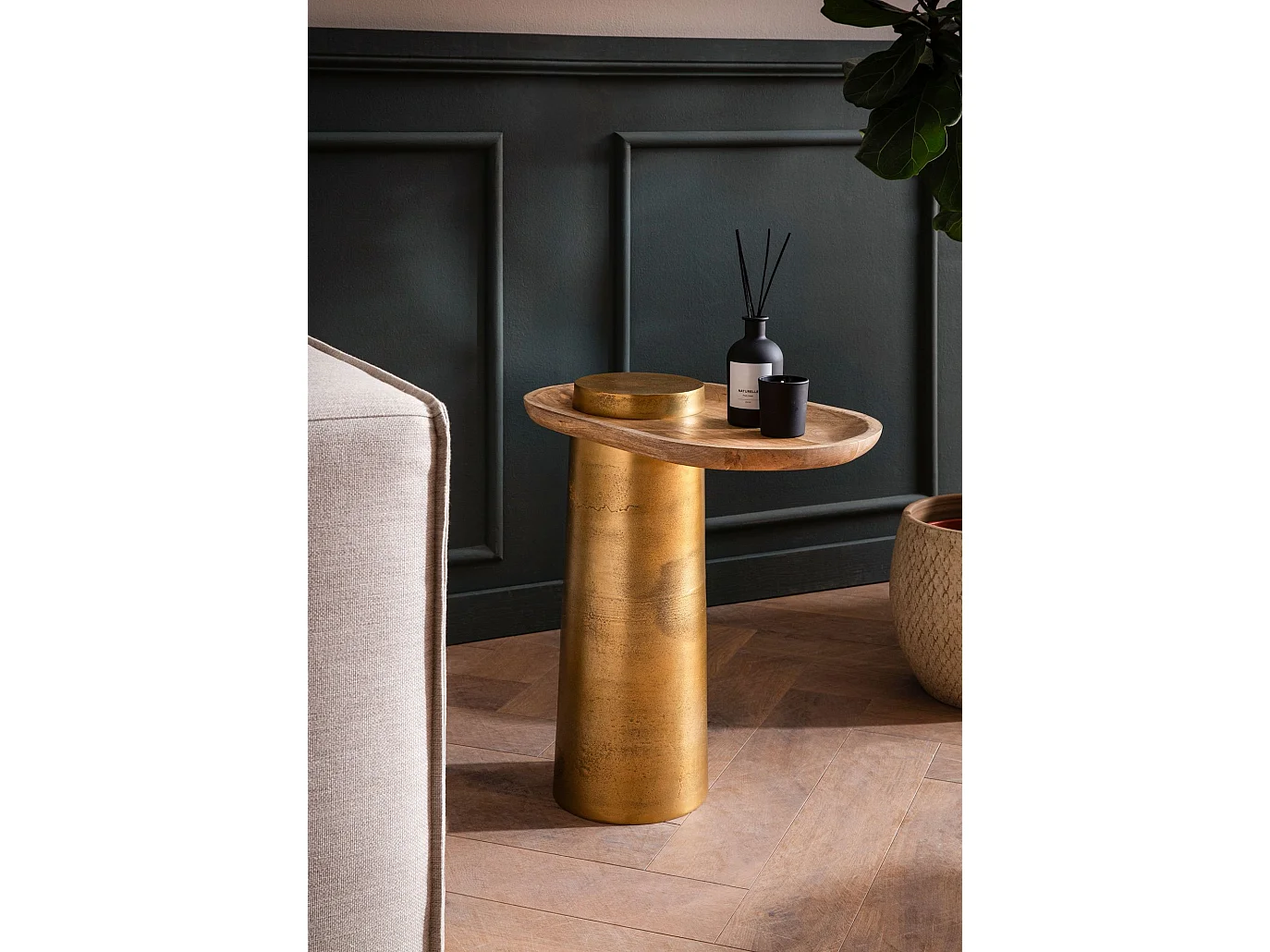 Table d’appoint Haute de Salon Bois Massif Métal 50 cm Ovale Moderne