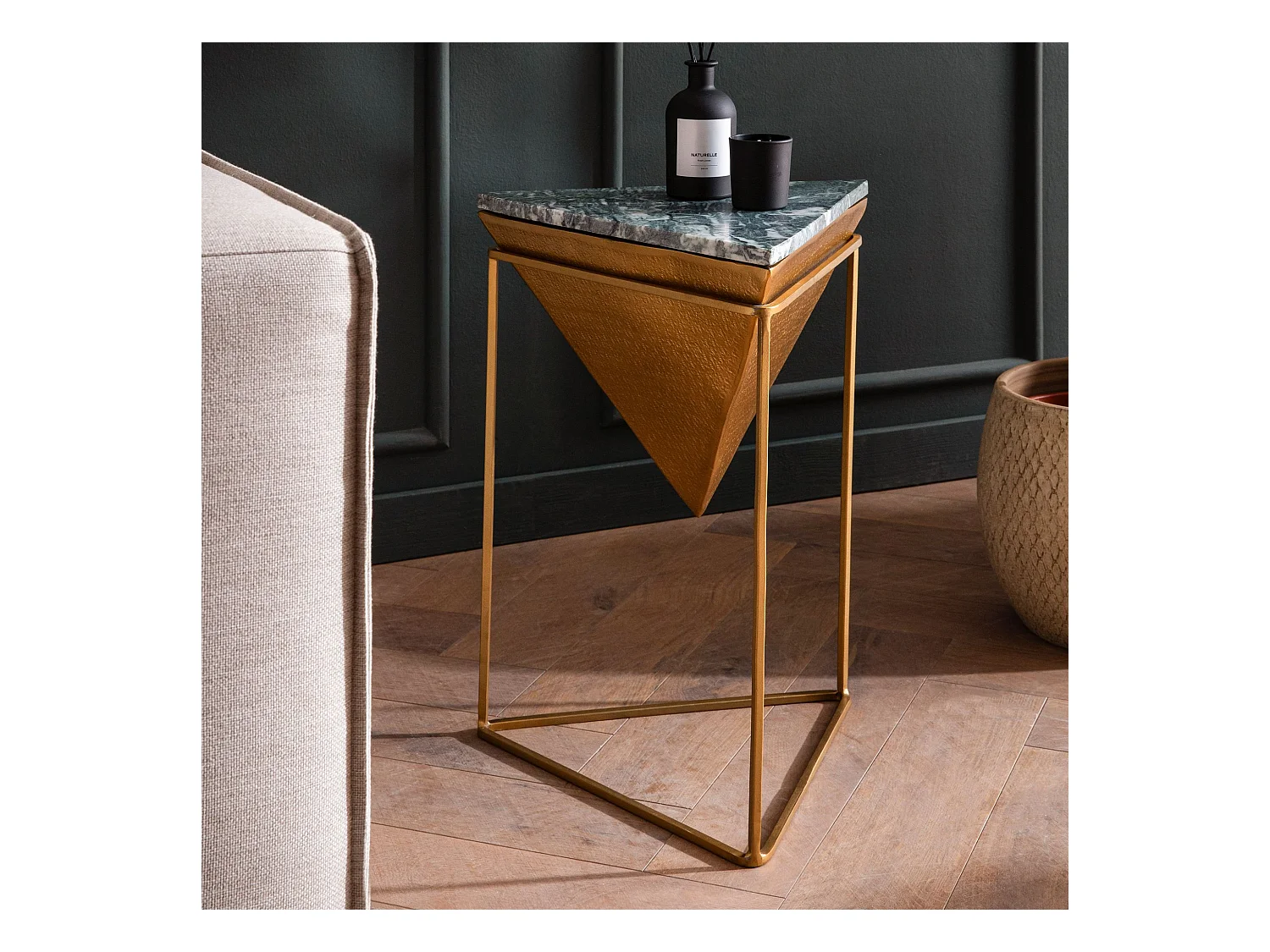 Table d’appoint Haute de Salon Véritable Marbre Métal 37 cm Triangulaire