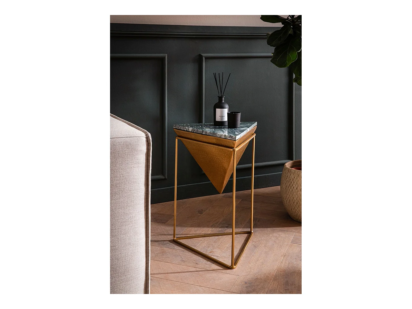 Table d’appoint Haute de Salon Véritable Marbre Métal 37 cm Triangulaire