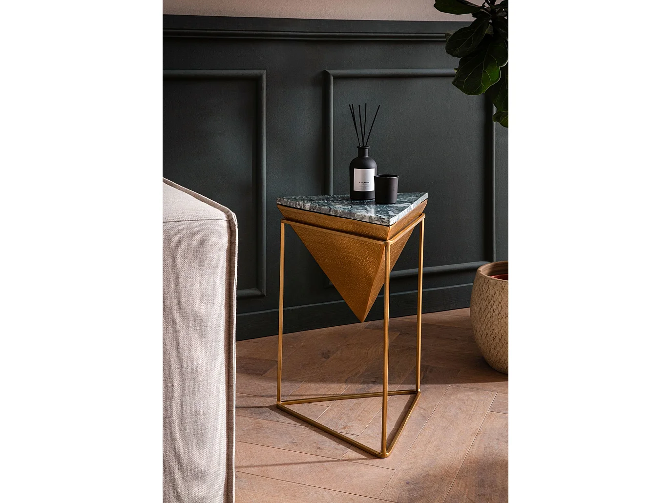 Table d’appoint Haute de Salon Véritable Marbre Métal 37 cm Triangulaire