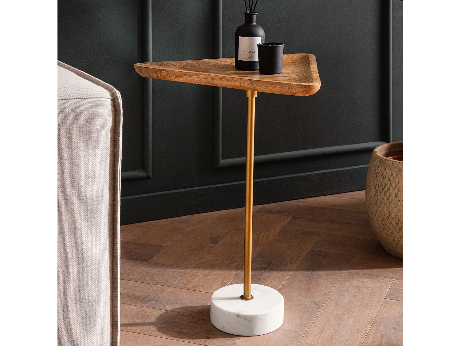 Table d’appoint Haute Bois Massif Véritable Marbre 45 cm Triangulaire