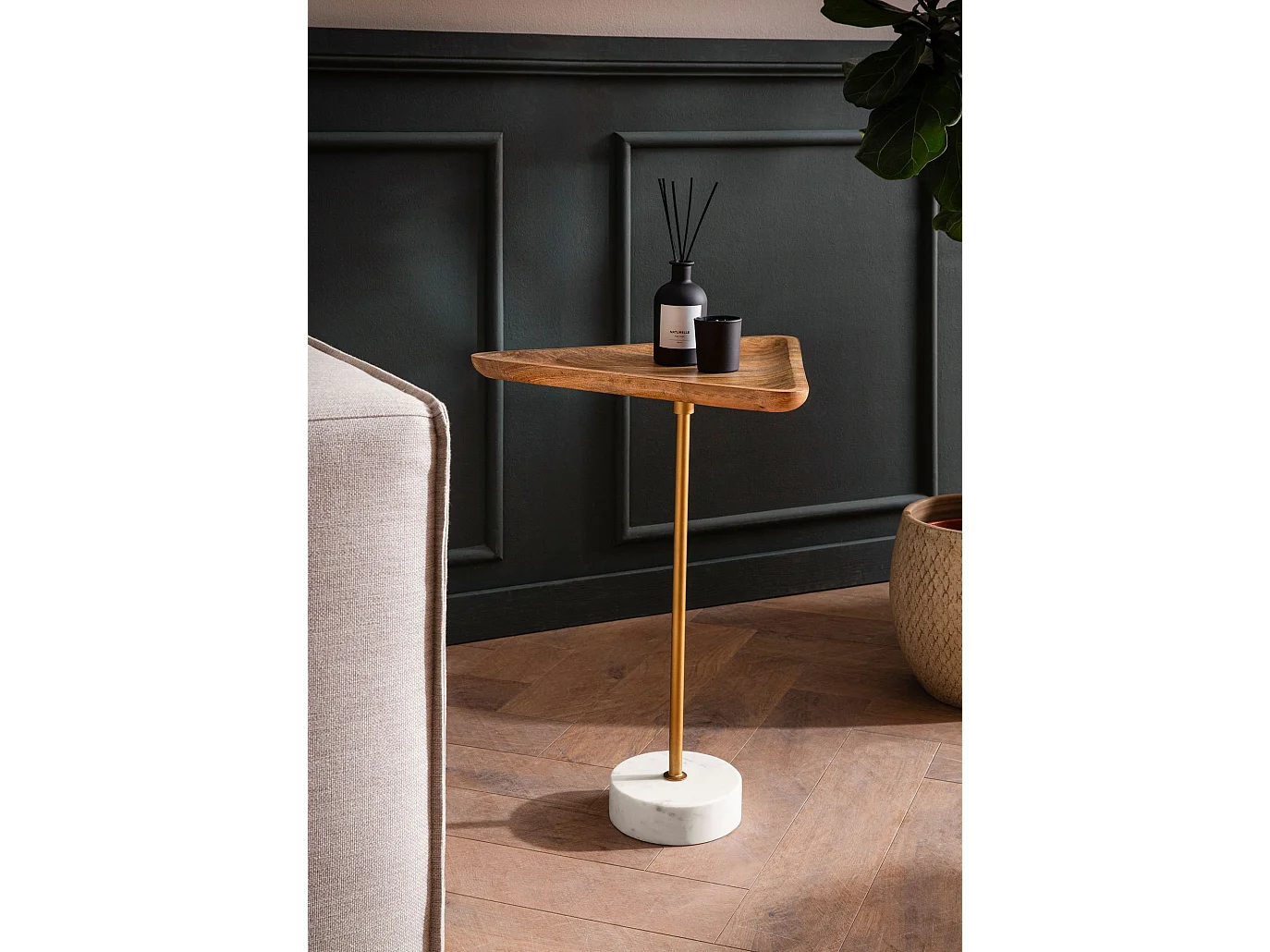 Table d’appoint Haute Bois Massif Véritable Marbre 45 cm Triangulaire