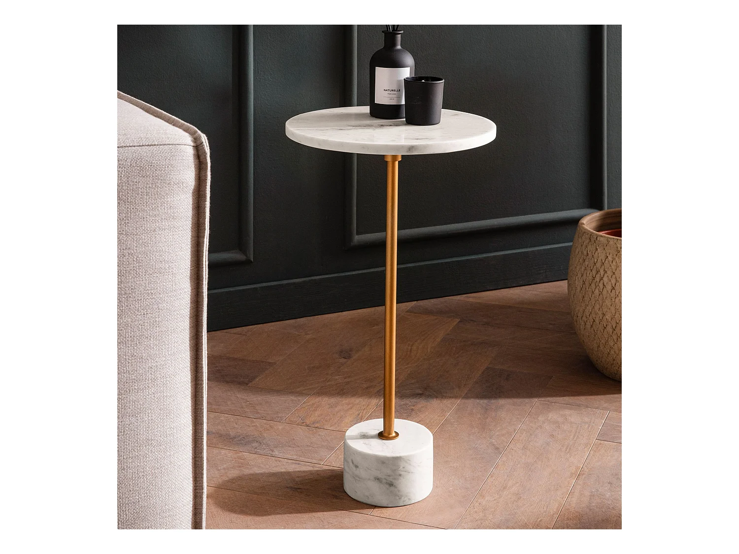 Table d’appoint de Salon Marbre Véritable Ø 30 cm Haute Ronde Dorée