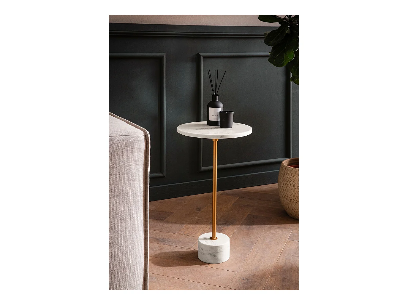 Table d’appoint de Salon Marbre Véritable Ø 30 cm Haute Ronde Dorée