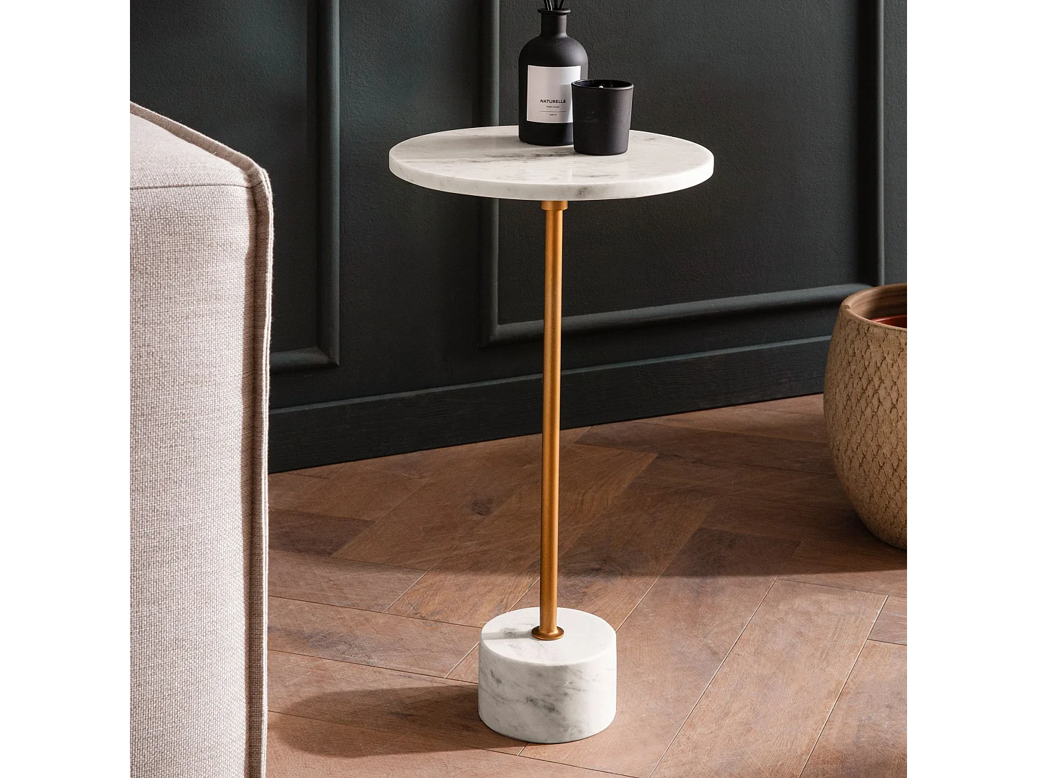 Table d’appoint de Salon Marbre Véritable Ø 30 cm Haute Ronde Dorée