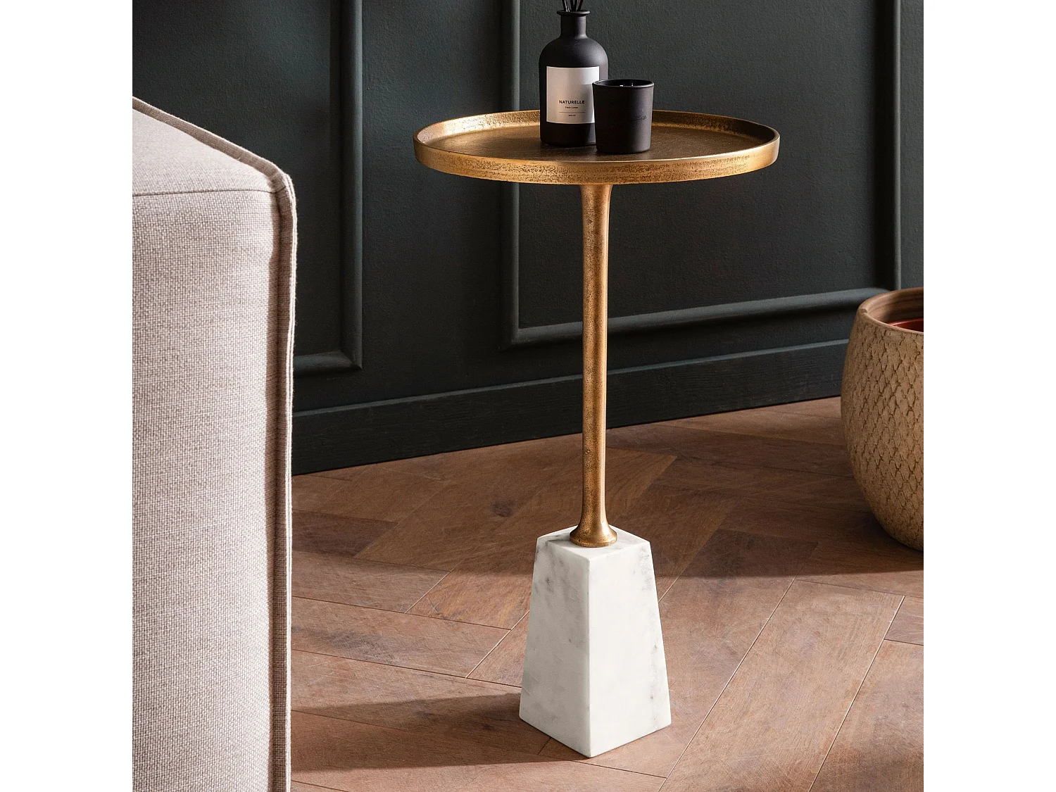Table d’appoint de Salon Marbre Véritable Ø 34 cm Haute Ronde Dorée