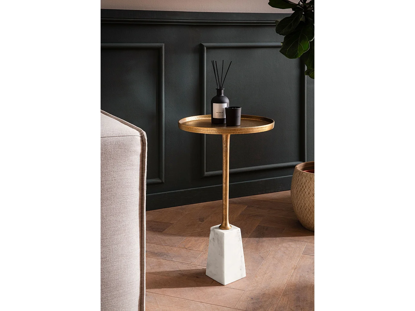 Table d’appoint de Salon Marbre Véritable Ø 34 cm Haute Ronde Dorée