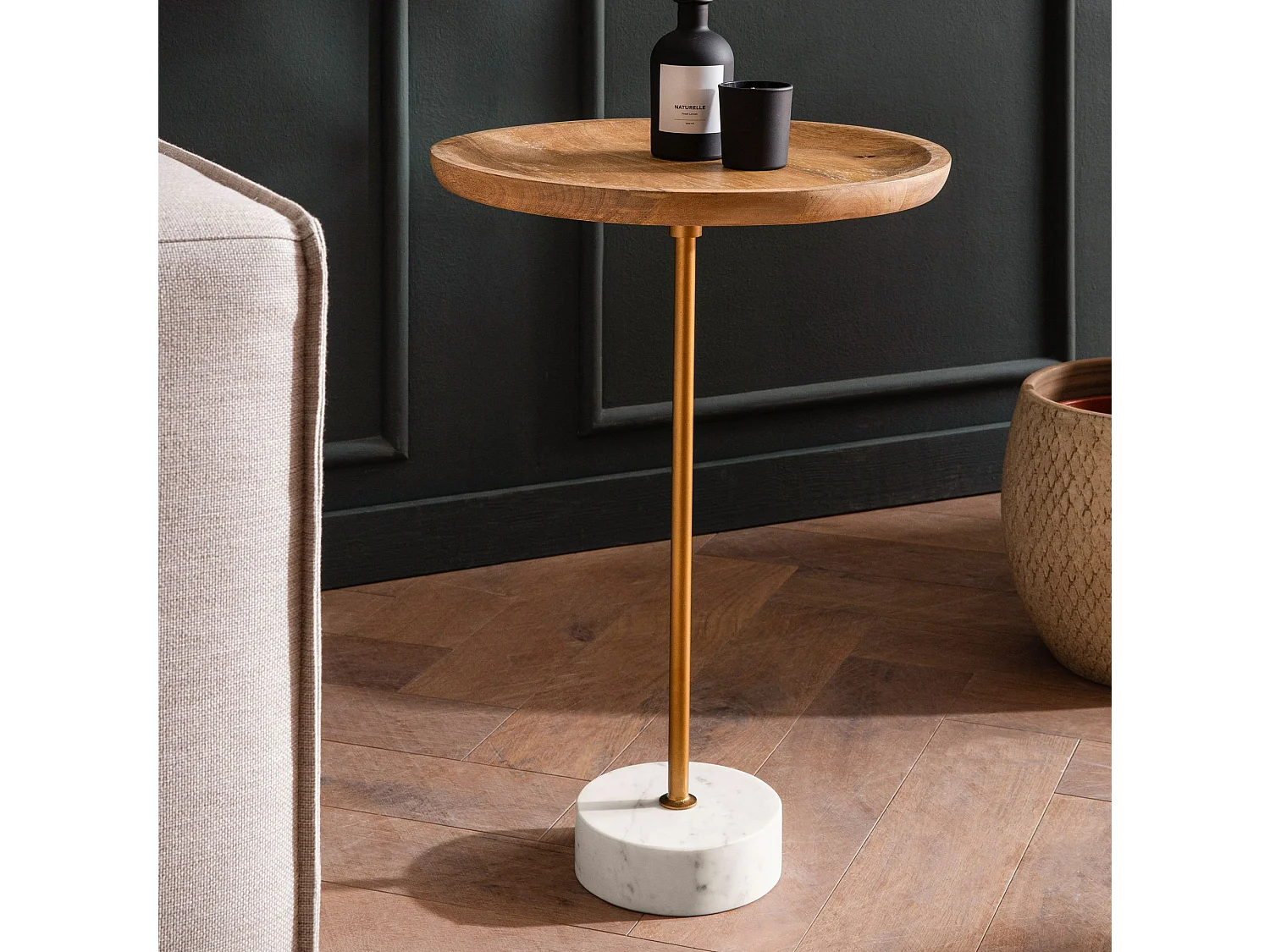 Table d’appoint Haute Salon Bois Massif Véritable Marbre Ø 40 cm Ronde