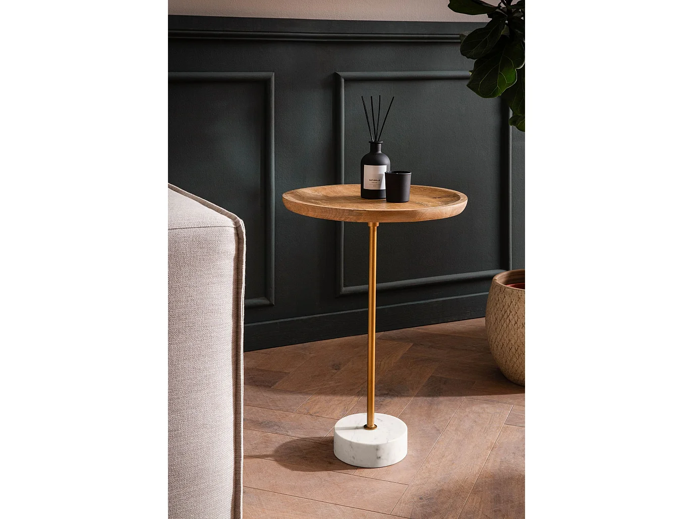 Table d’appoint Haute Salon Bois Massif Véritable Marbre Ø 40 cm Ronde