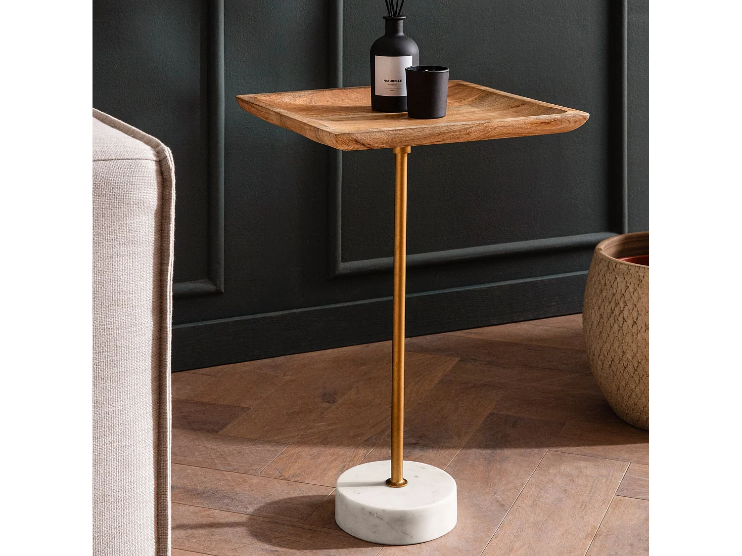 Table d’appoint Haute Salon Bois Massif Véritable Marbre 35 cm Carrée