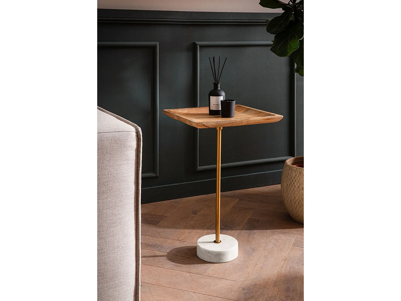 Table d’appoint Haute Salon Bois Massif Véritable Marbre 35 cm Carrée