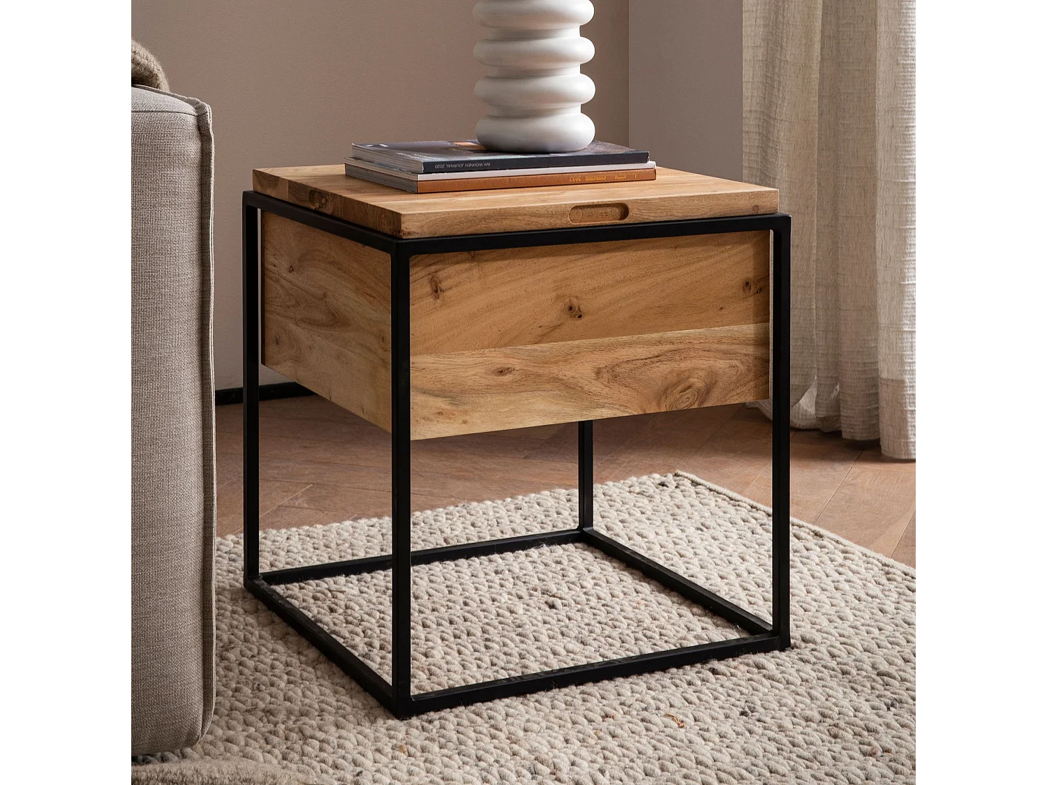 Table d'Appoint de Salon Bois Massif 47 cm Espace de Rangement Carrée