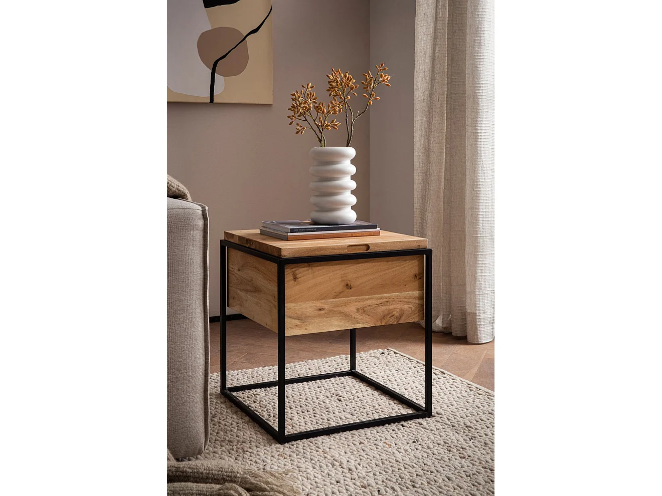 Table d'Appoint de Salon Bois Massif 47 cm Espace de Rangement Carrée