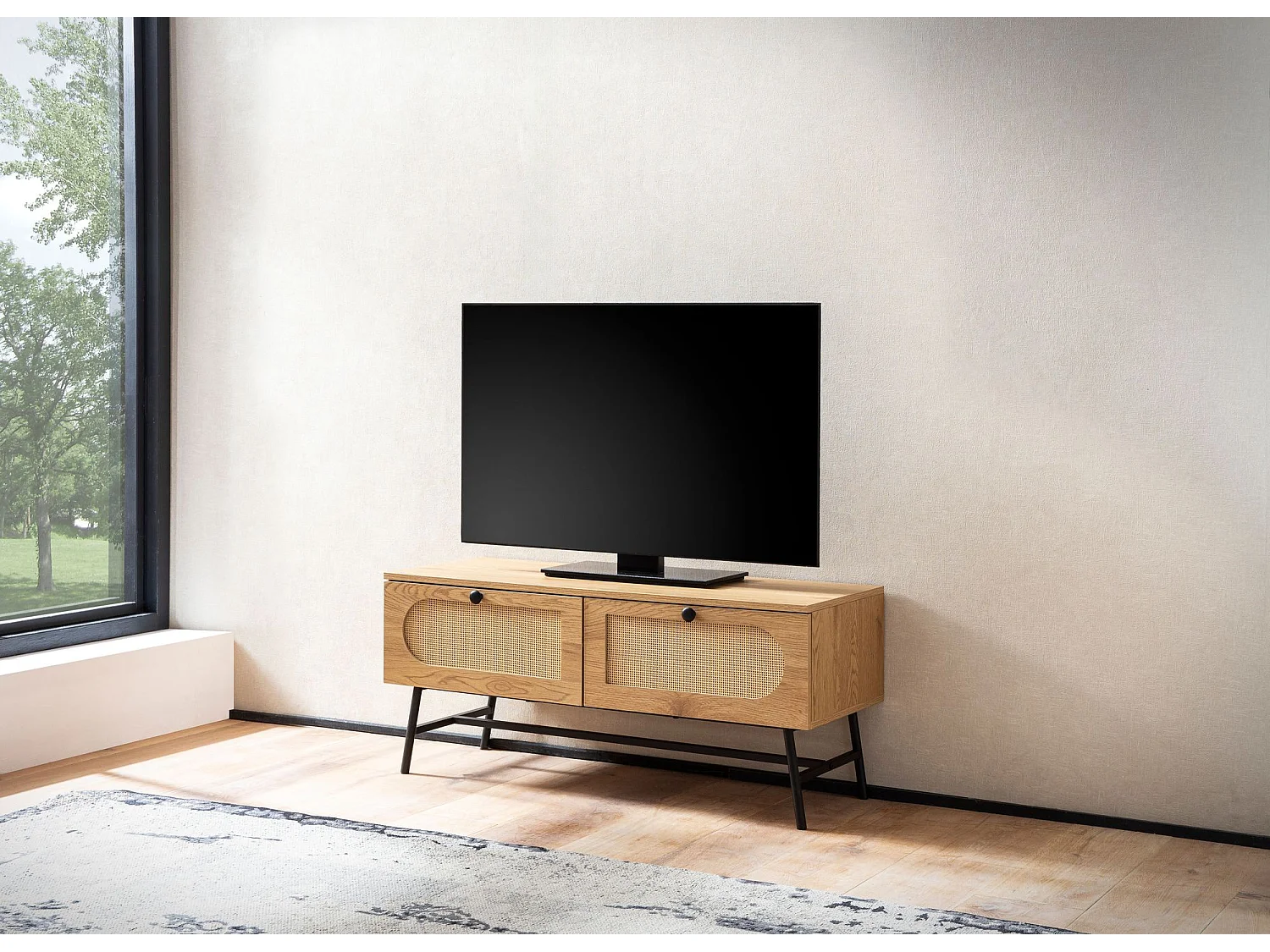 Meuble TV 100 cm Lowboard Tiroir Commode TV Rotin Espace de Rangement