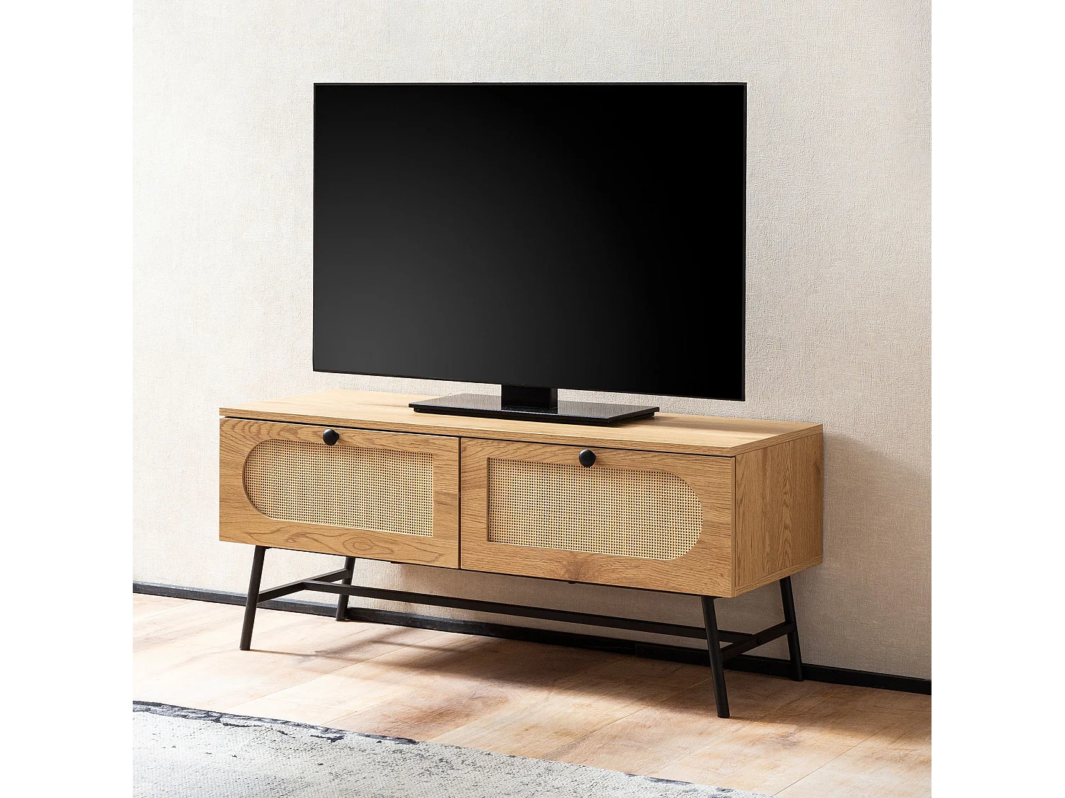 Meuble TV 100 cm Lowboard Tiroir Commode TV Rotin Espace de Rangement