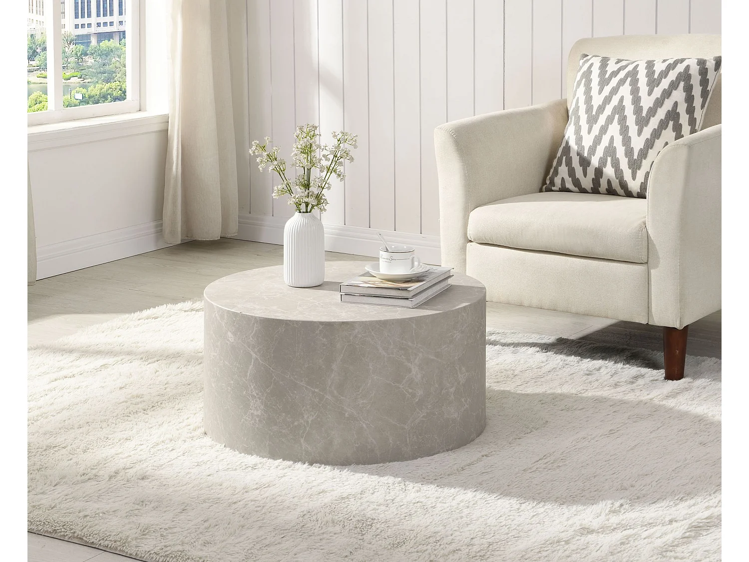 Table Basse Aspect Marbre 60 cm Table de Salon Ronde Moderne Brilliant