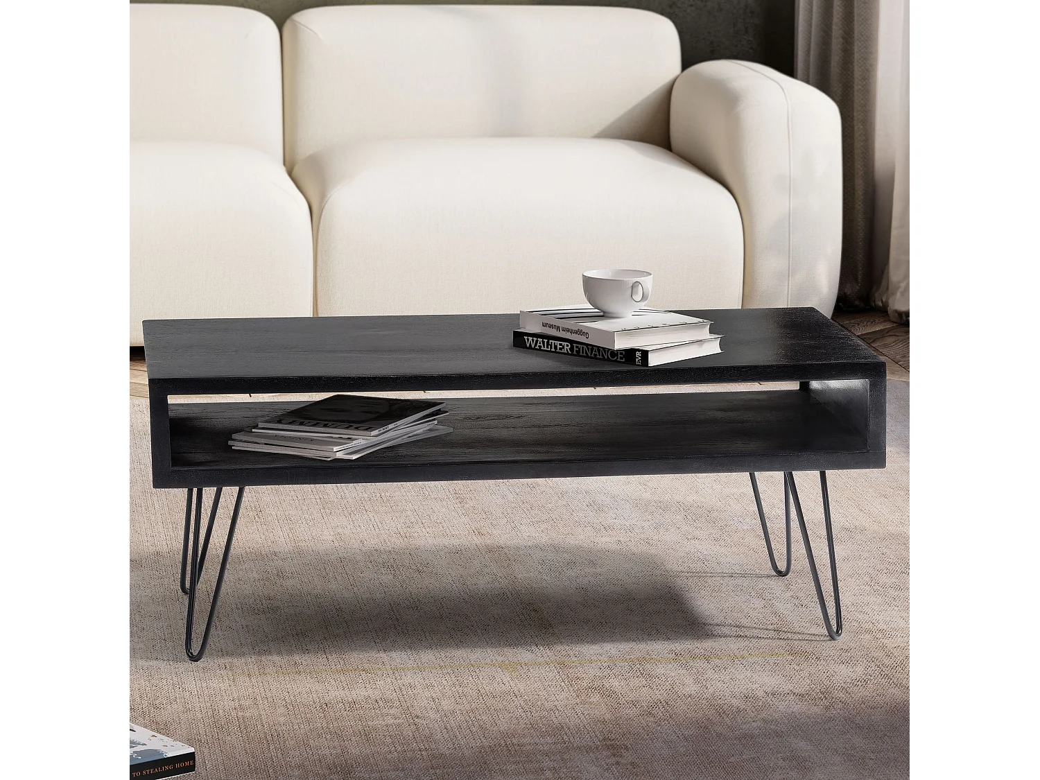 Table Basse Café Salon Canapé 100 cm Bois Massif Rectangulaire Rangement