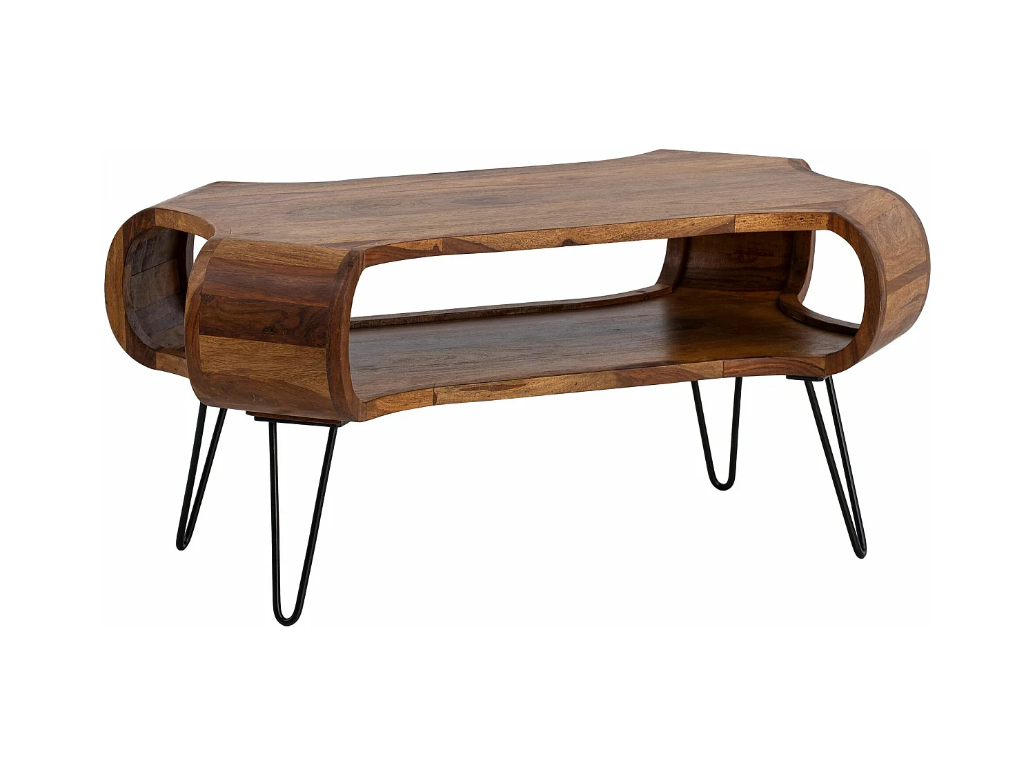 Table Basse 100 cm Bois Massif Rangement Pieds Épingle Rectangulaire