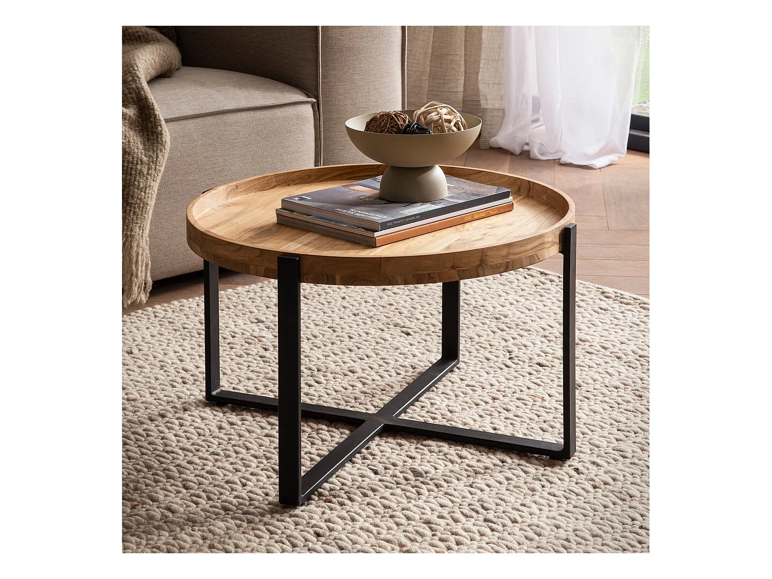 Table Basse de Salon 60 cm Bois Massif Métal Petite Ronde Design Moderne