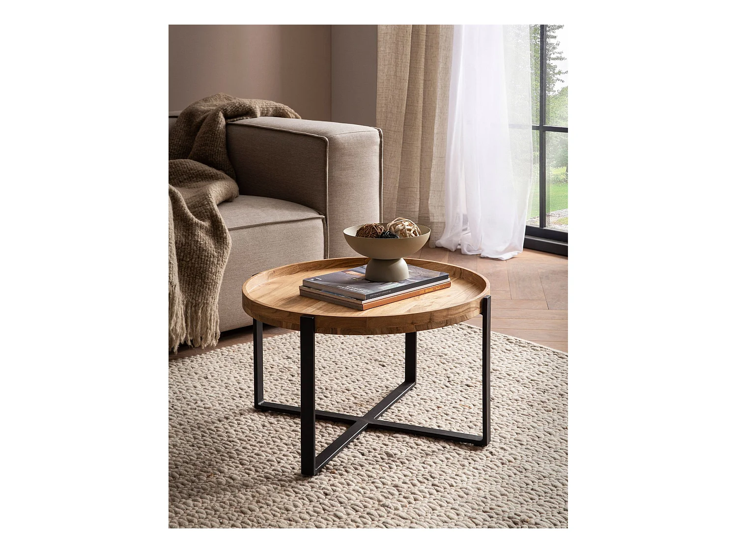 Table Basse de Salon 60 cm Bois Massif Métal Petite Ronde Design Moderne