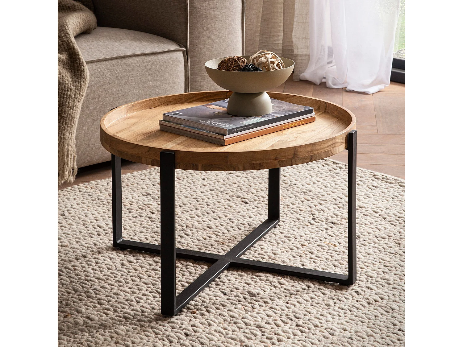 Table Basse de Salon 60 cm Bois Massif Métal Petite Ronde Design Moderne