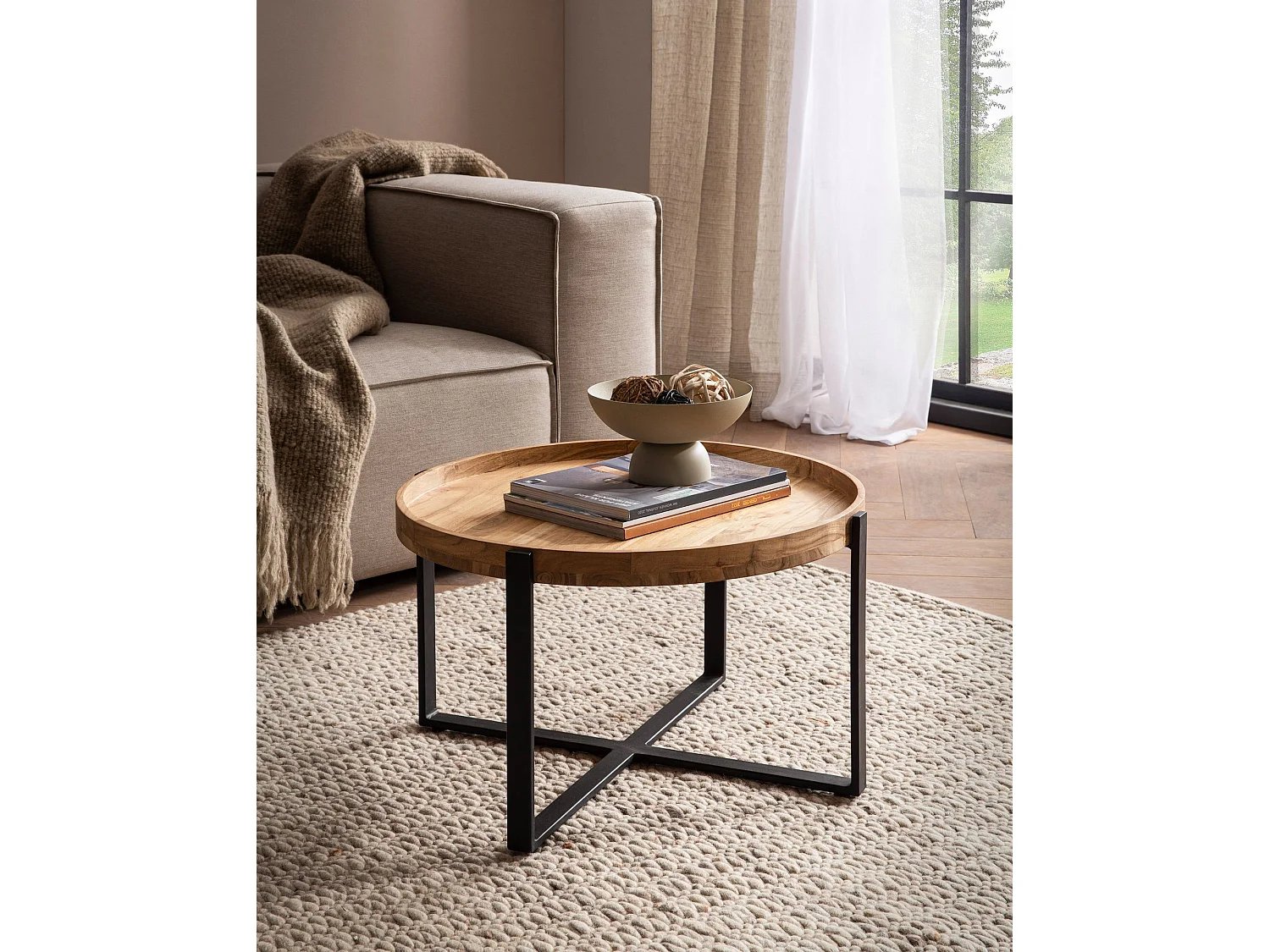 Table Basse de Salon 60 cm Bois Massif Métal Petite Ronde Design Moderne