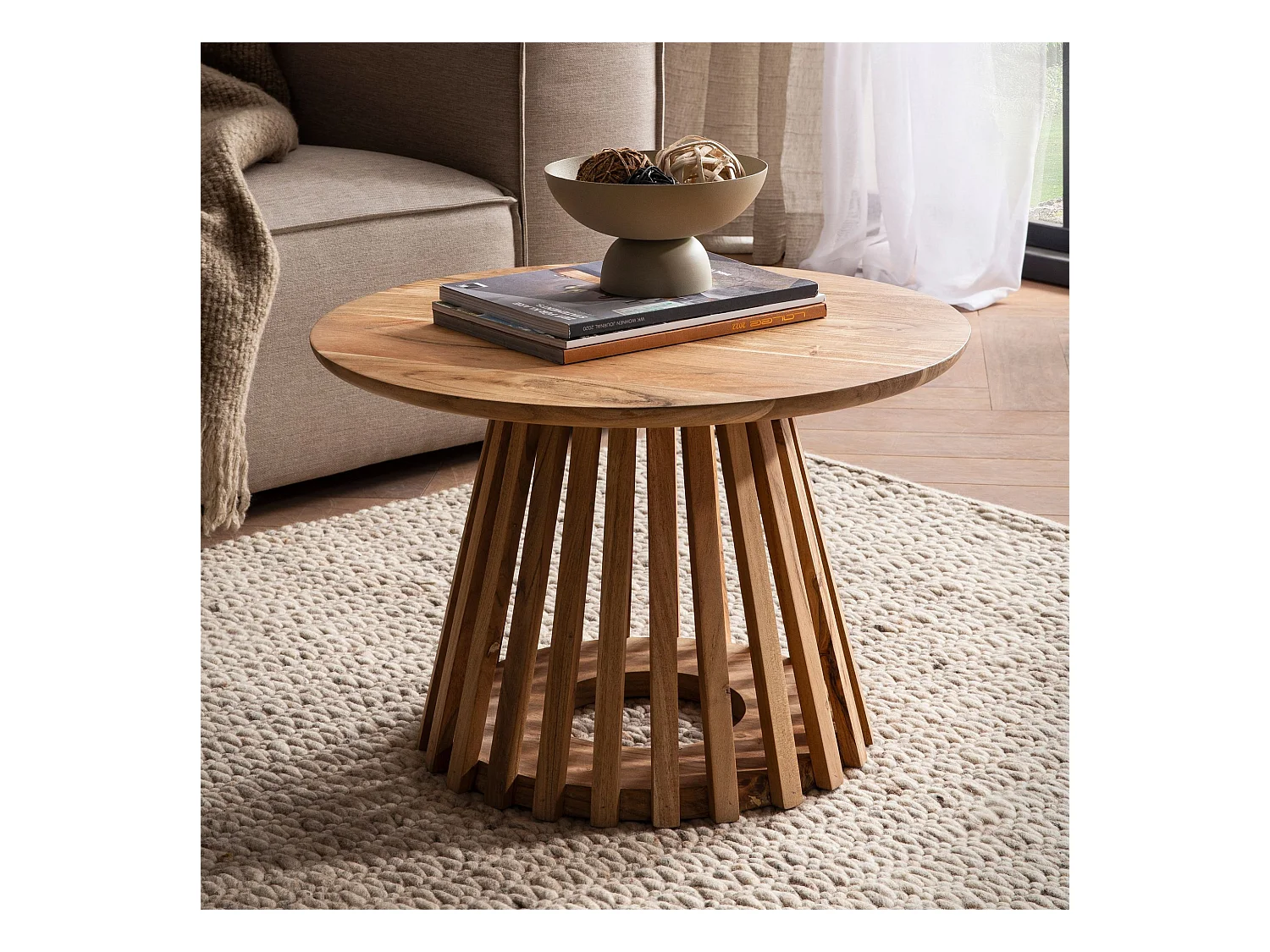 Table Basse de Salon 60 cm Bois Massif d'Acacia Petite Ronde Moderne