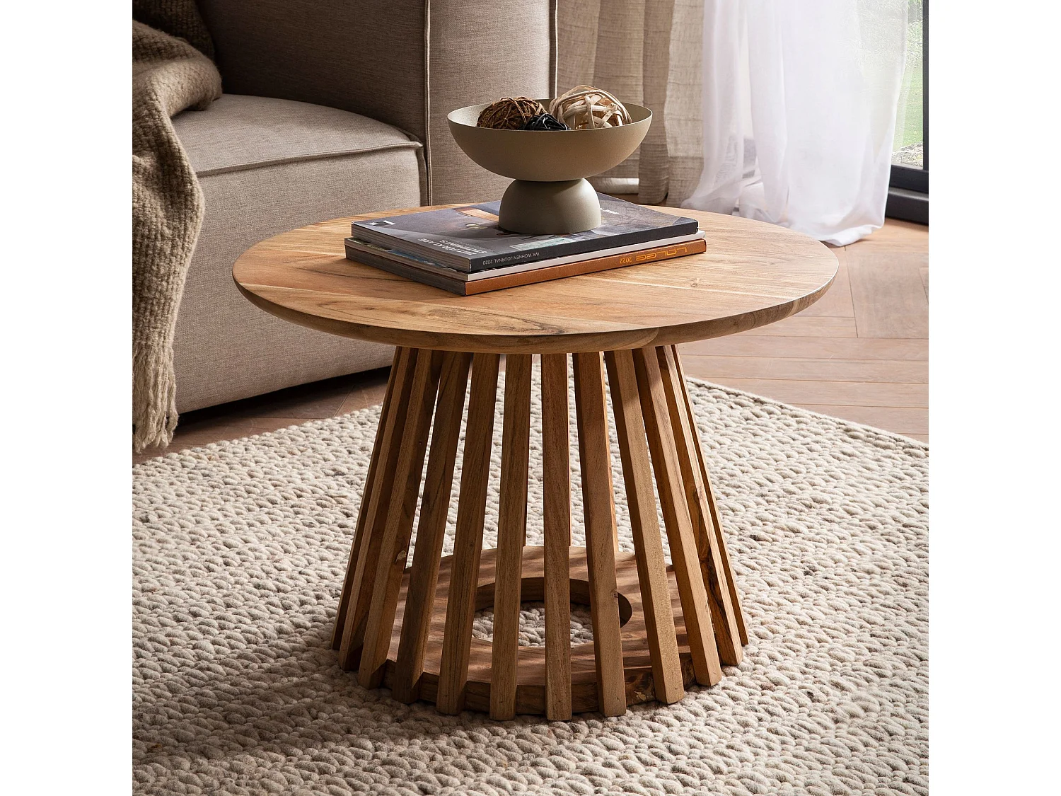 Table Basse de Salon 60 cm Bois Massif d'Acacia Petite Ronde Moderne