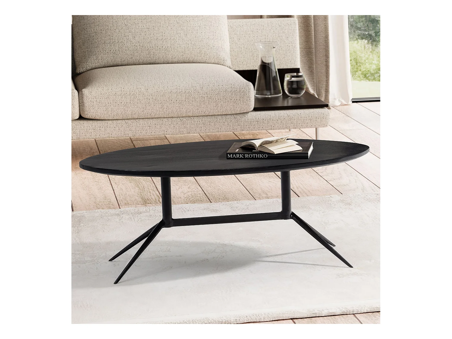 Table Basse Café de Salon Canapé Noir 60 cm Bois Massif Métal Ovale