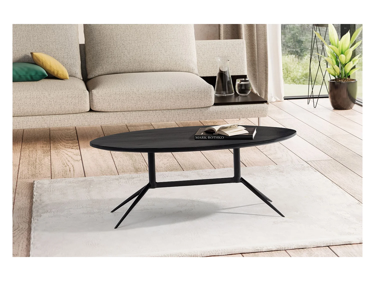 Table Basse Café de Salon Canapé Noir 60 cm Bois Massif Métal Ovale