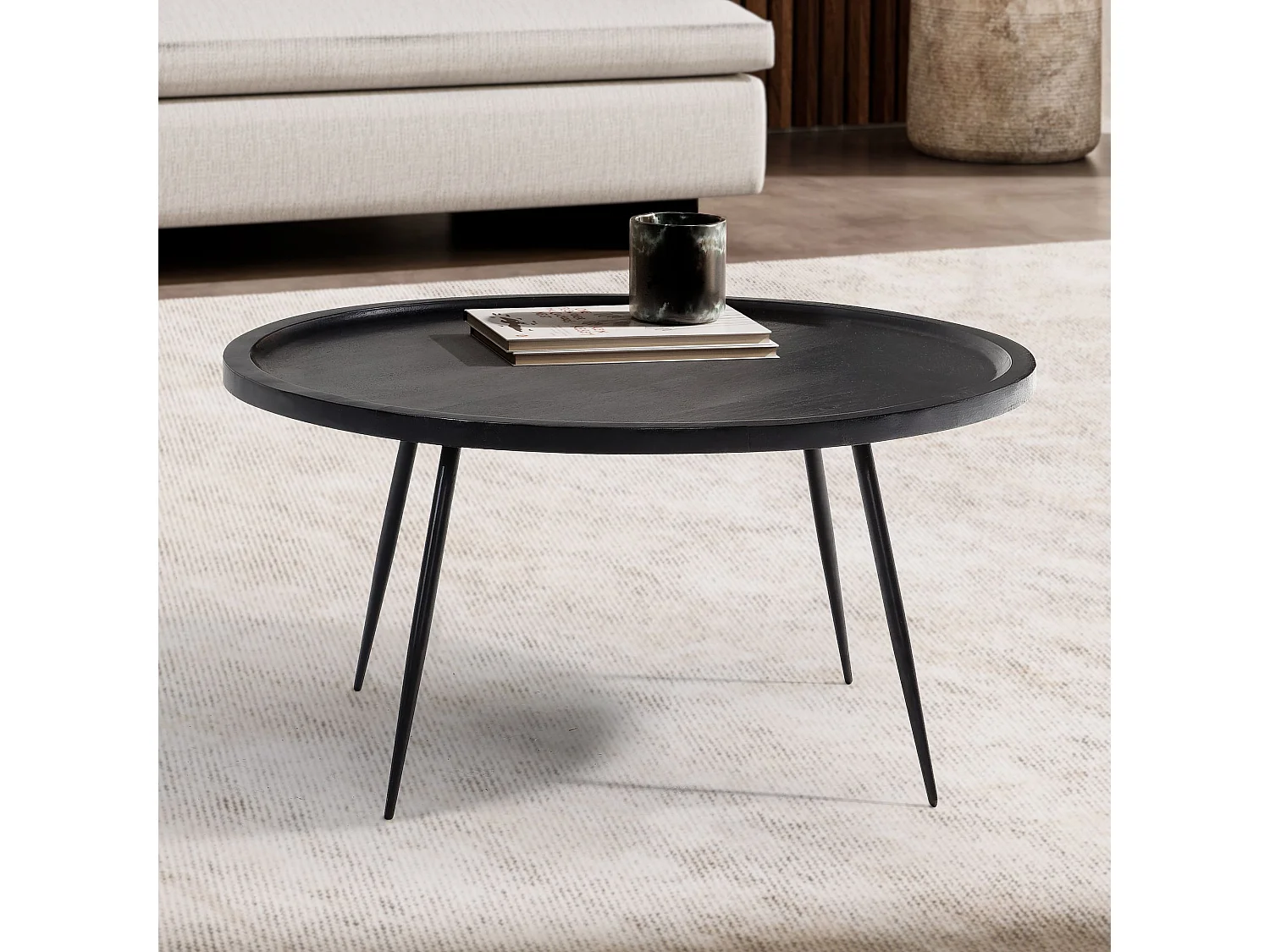 Table Basse Café de Salon Canapé 75 cm Bois Massif Métal Ronde Noir