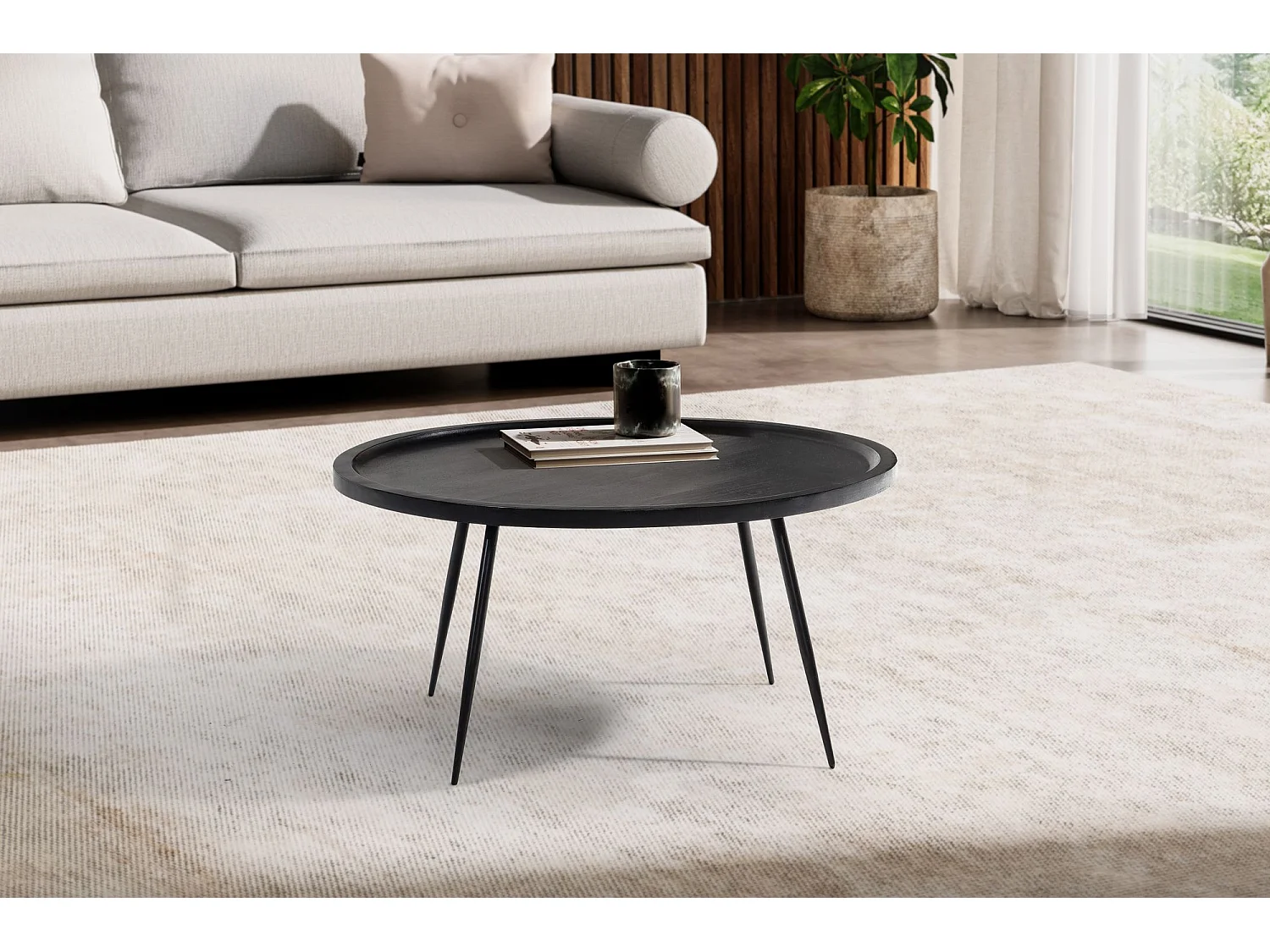 Table Basse Café de Salon Canapé 75 cm Bois Massif Métal Ronde Noir