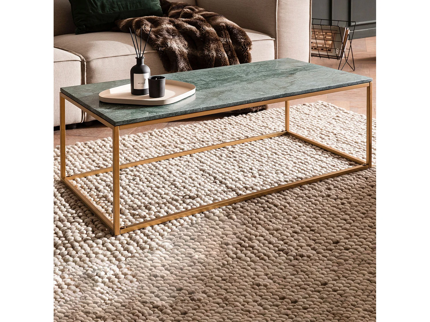 Table Basse de Salon 100 cm Véritable Marbre Vert Grande Rectangulaire