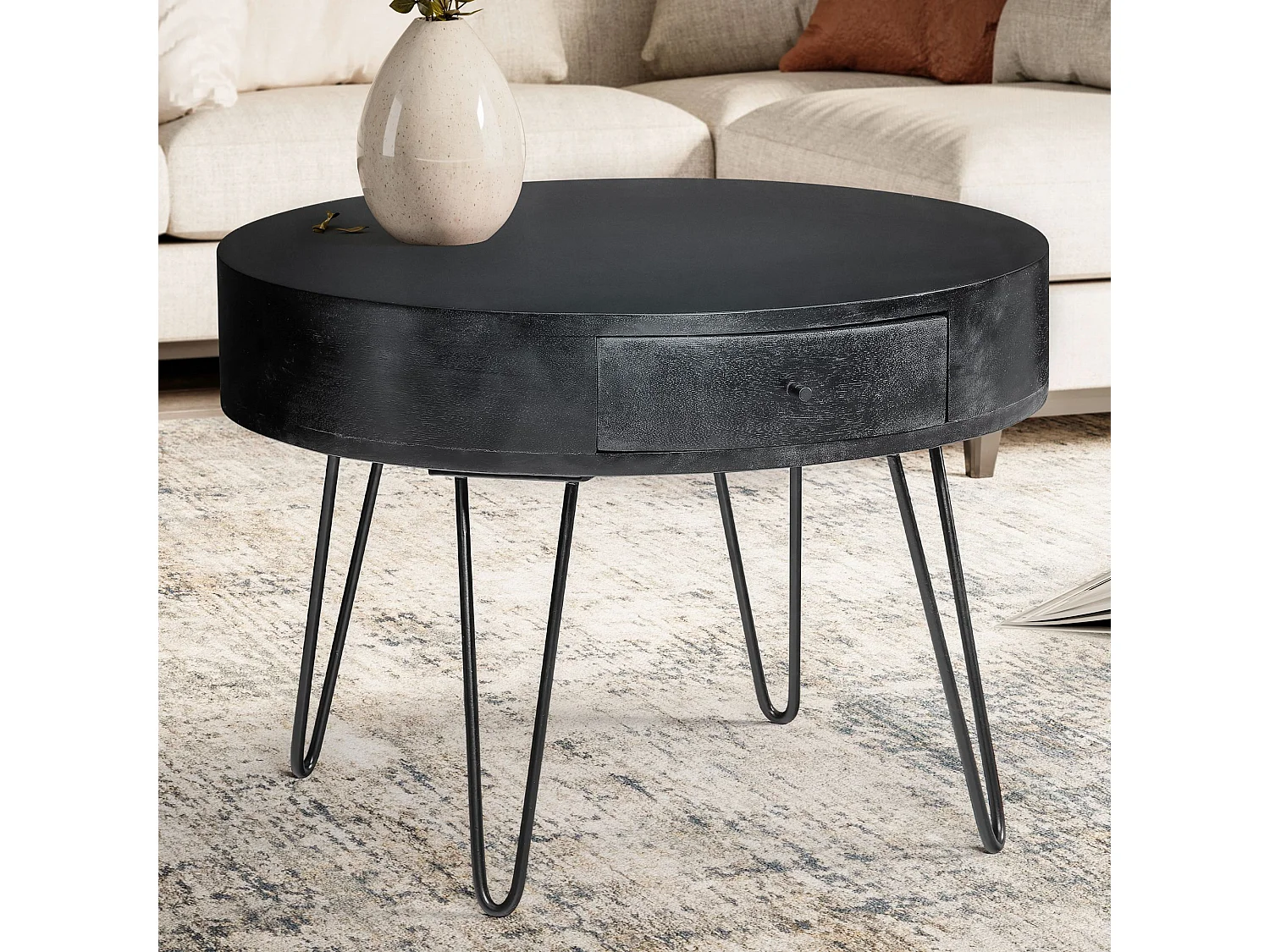 Table Basse Café de Salon 60 cm Bois Massif Ronde Tiroir Pieds épingle